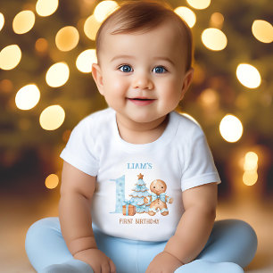 Christmas Blue Gingerbread Man Name 1st Birthday  Baby T-Shirt