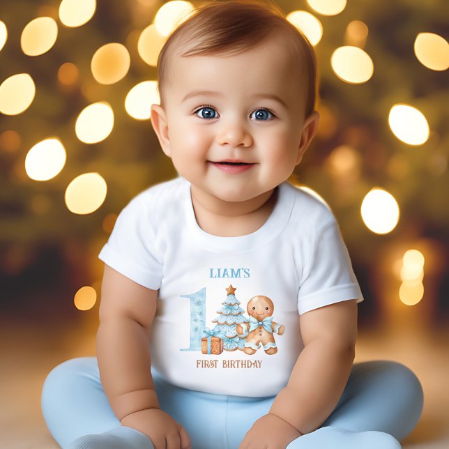 Christmas Blue Gingerbread Man Name 1st Birthday  Baby T-Shirt (Christmas Blue Gingerbread Man Name 1st Birthday Baby T-Shirt)