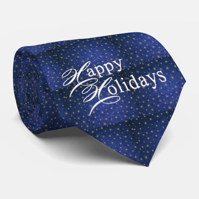 Christmas Blue Glitter Happy Holidays Men's Tie (Rolled)