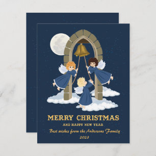 Christmas blue gold cute kids angel bell holiday card