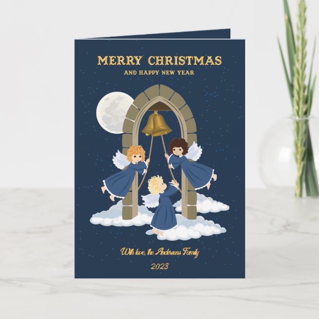 Christmas blue gold cute kids angel bell photocard holiday card (Front)
