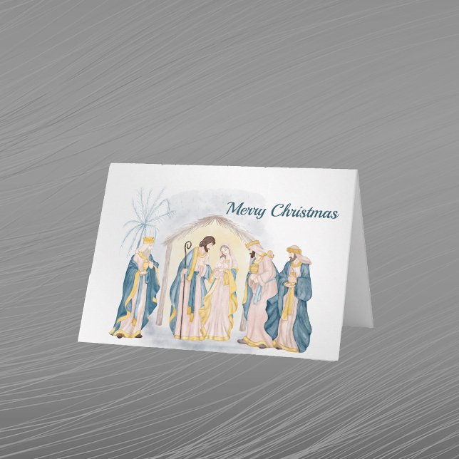 Christmas Blue Nativity Christian Watercolor Holiday Card (Creator Uploaded)