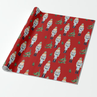 Christmas Blue Nutcrackers on Red   Wrapping Paper