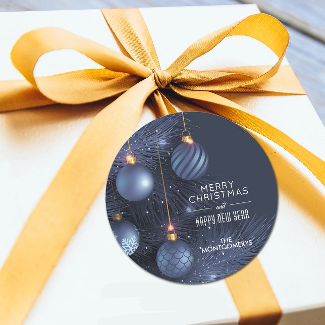 Christmas Blue Ornaments Classic Round Sticker (Blue Christmas tree and blue ornaments round stickers)