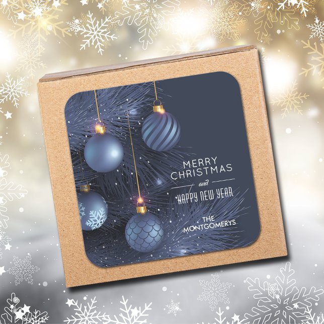 Christmas Blue Ornaments Square Sticker (Blue Christmas tree and blue ornaments square stickers)