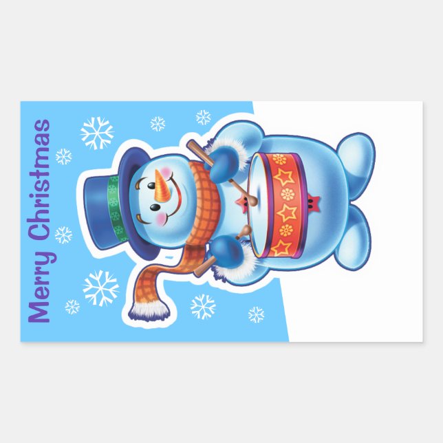 Christmas blue rectangle sticker Snowman drummer. (Front)