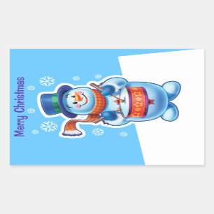Christmas blue rectangle sticker Snowman drummer.