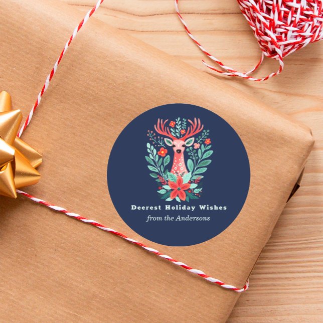 Christmas Blue Reindeer Floral Holiday  Classic Round Sticker (Creator Uploaded)