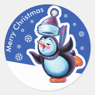 Christmas blue round sticker Penguin skating.