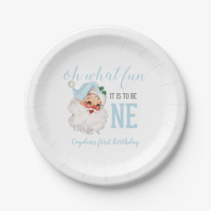 Christmas Blue Santa First Birthday Paper Plate