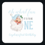 Christmas Blue Santa First Birthday Square Sticker<br><div class="desc">Oh what fun,  it is to be One! Christmas blue Santa first birthday party plates with watercolor blue santa.</div>