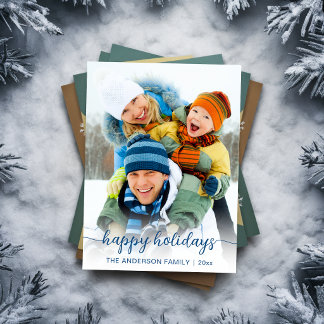 Christmas Blue Script Photo Happy  Holiday Card