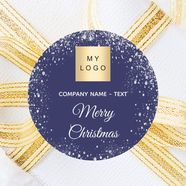 Christmas blue silver glitter business logo classic round sticker (Creator Uploaded)