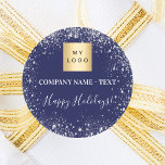 Christmas blue silver glitter business logo classic round sticker<br><div class="desc">A classic navy blue background,  decorated with faux silver glitter,  sparkles. Personalise and add your business,  company logo and a text.  Text: Happy Holidays! written with a modern hand letteres style script.</div>