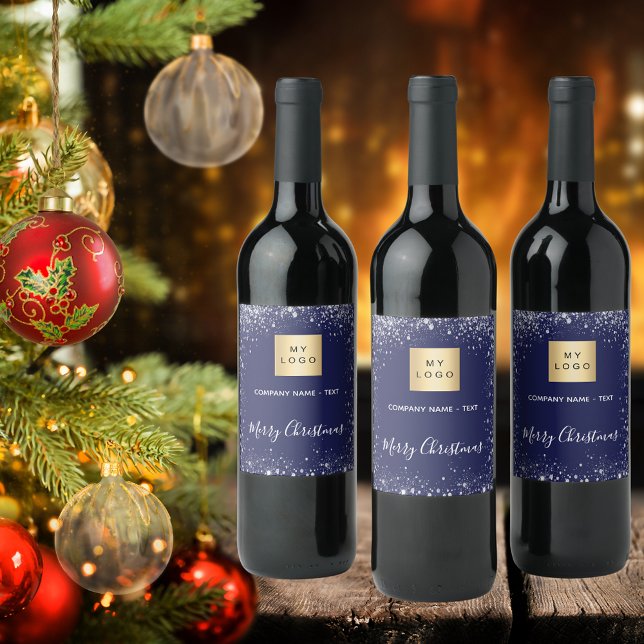 Christmas blue silver glitter business logo wine label (Creator Uploaded)