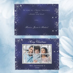 Christmas blue silver glitter photo window card<br><div class="desc">A deep blue background decorated with faux silver glitter,  sparkling stars.  The blue colour is uneven. Personalise and add your own photo,  name and a year.  With the text: Merry Christmas.  A window overlay over your photo.
Add your text on the back:</div>