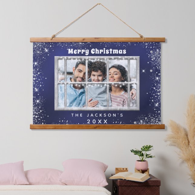 Christmas blue silver glitter photo window hanging tapestry (Bedroom)