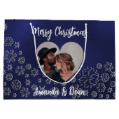 Christmas blue silver snow photo heart large gift bag (Back)