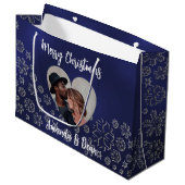 Christmas blue silver snow photo heart large gift bag (Front Angled)