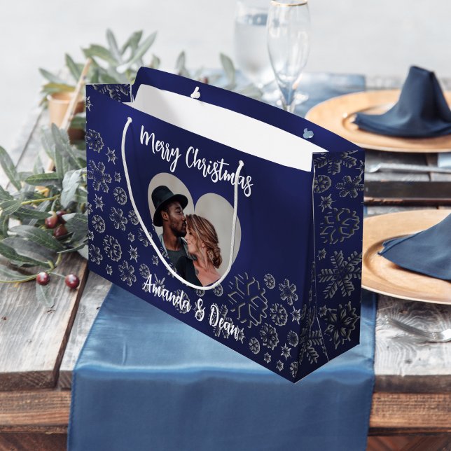 Christmas blue silver snow photo heart large gift bag