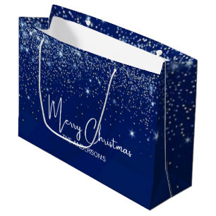 Christmas blue silver white glitter family name large gift bag