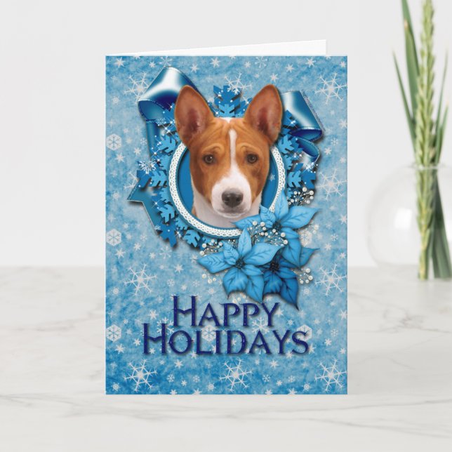 Christmas - Blue Snowflake - Basenji Holiday Card (Front)