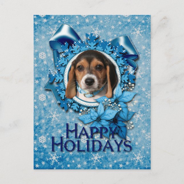 Christmas - Blue Snowflake - Beagle Puppy Holiday Postcard (Front)