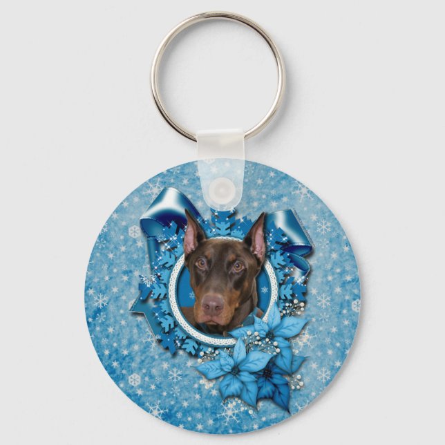 Christmas - Blue Snowflake - Doberman - Rocky Key Ring (Front)