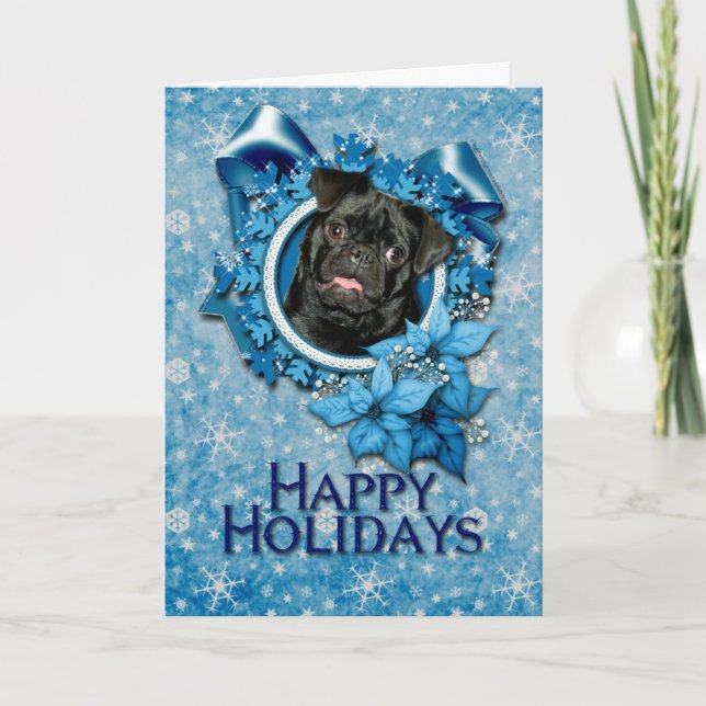 Christmas - Blue Snowflake - Pug - Ruffy Holiday Card (Front)
