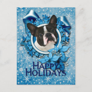 Christmas - Blue Snowflakes - Boston Terrier Holiday Postcard