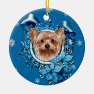 Christmas - Blue Snowflakes - Yorkshire Terrier Ceramic Tree Decoration