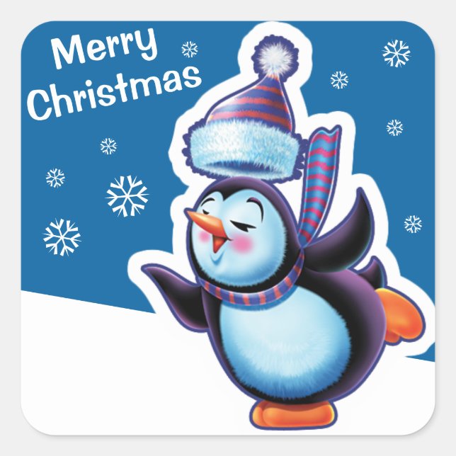 Christmas blue square sticker Penguin skating. (Front)