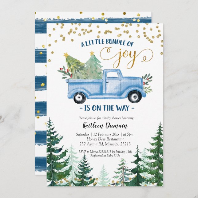 Christmas Blue Truck Baby Bundle of Joy Invitation (Front/Back)