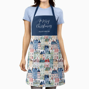 Christmas Blue Watercolor Colourful Houses Holiday Apron