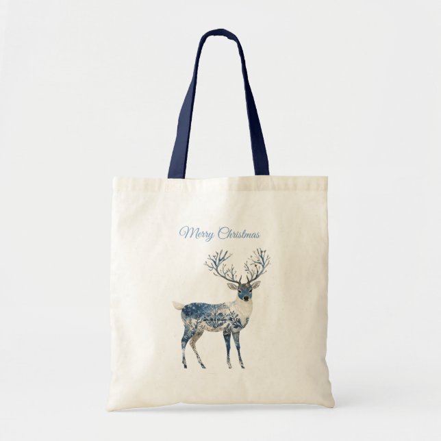 Christmas Blue White Chic Deer & Fox Tote Bag (Front)