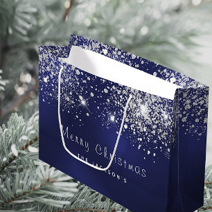 Christmas blue white glitter dust silver large gift bag