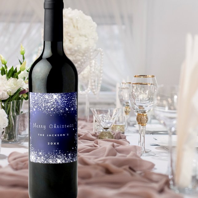 Christmas blue white glitter dust silver wine label (Creator Uploaded)