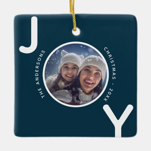Christmas blue white joy photo modern ceramic ornament (Front)