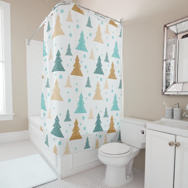 Christmas blue white snowflakes tree pattern shower curtain (In Situ)