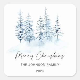 Christmas Blue Winter Forest Rustic Landscape Square Sticker