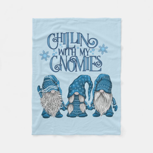 Christmas Blue Winter Trio Chillin With My Gnomies Fleece Blanket (Front)