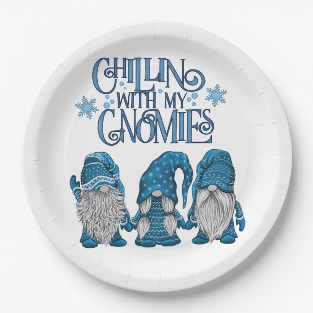 Christmas Blue Winter Trio Chillin With My Gnomies Paper Plate (Front)