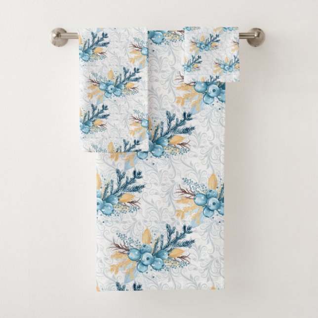 Christmas Blue Winterberries and Silver Filigree Bath Towel Set (Insitu)