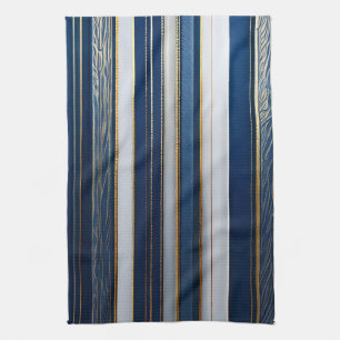Christmas Blues Stripes Blue White Gold Tea Towel