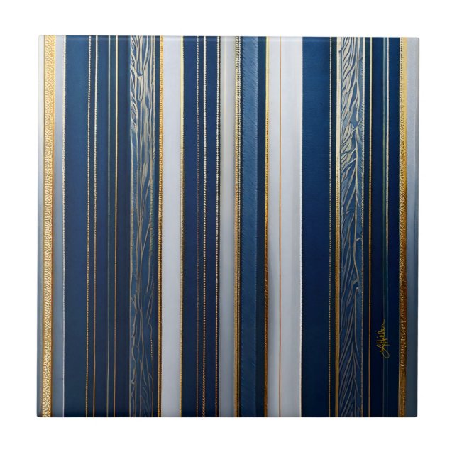 Christmas Blues Stripes Blue White Gold Tile (Front)