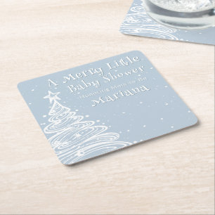 Christmas Boho Blue Boy Baby Shower Square Paper Coaster