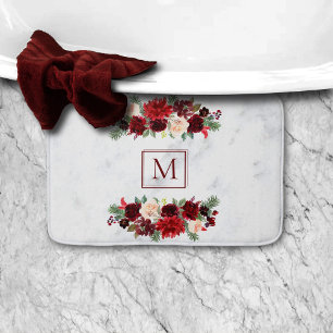 Christmas Boho Chic Floral Branch Marble Monogram Bath Mat