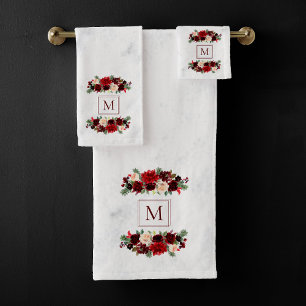 Christmas Boho Chic Floral Branch Marble Monogram Bath Towel Set