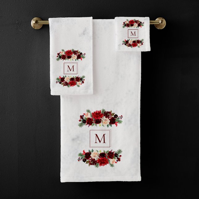 Christmas Boho Chic Floral Branch Marble Monogram Bath Towel Set (Creator Uploaded)