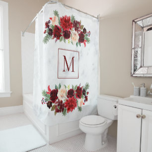 Christmas Boho Chic Floral Branch Marble Monogram Shower Curtain